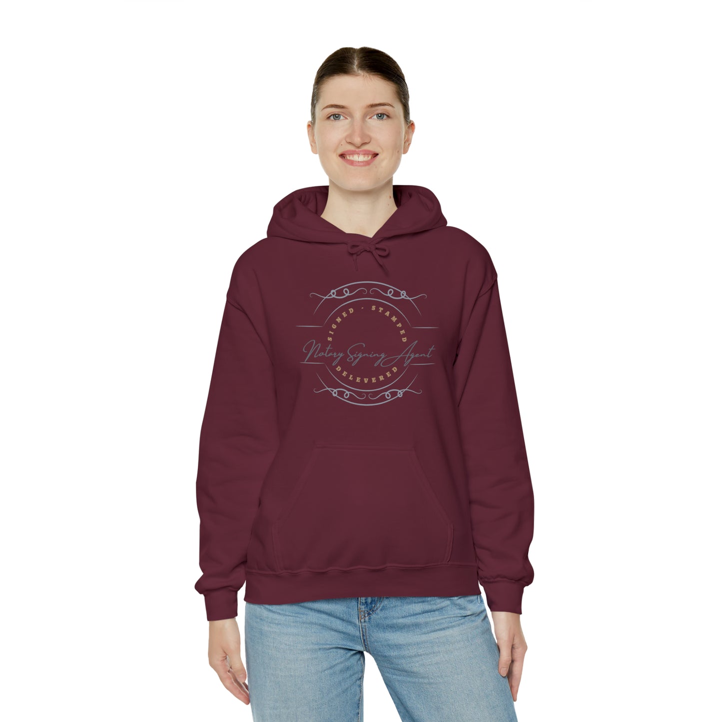 Custom "Signed, Stamped, Delivered Notary Signing Agent" Graphic Unisex Heavy Blend Hooded Sweatshirt