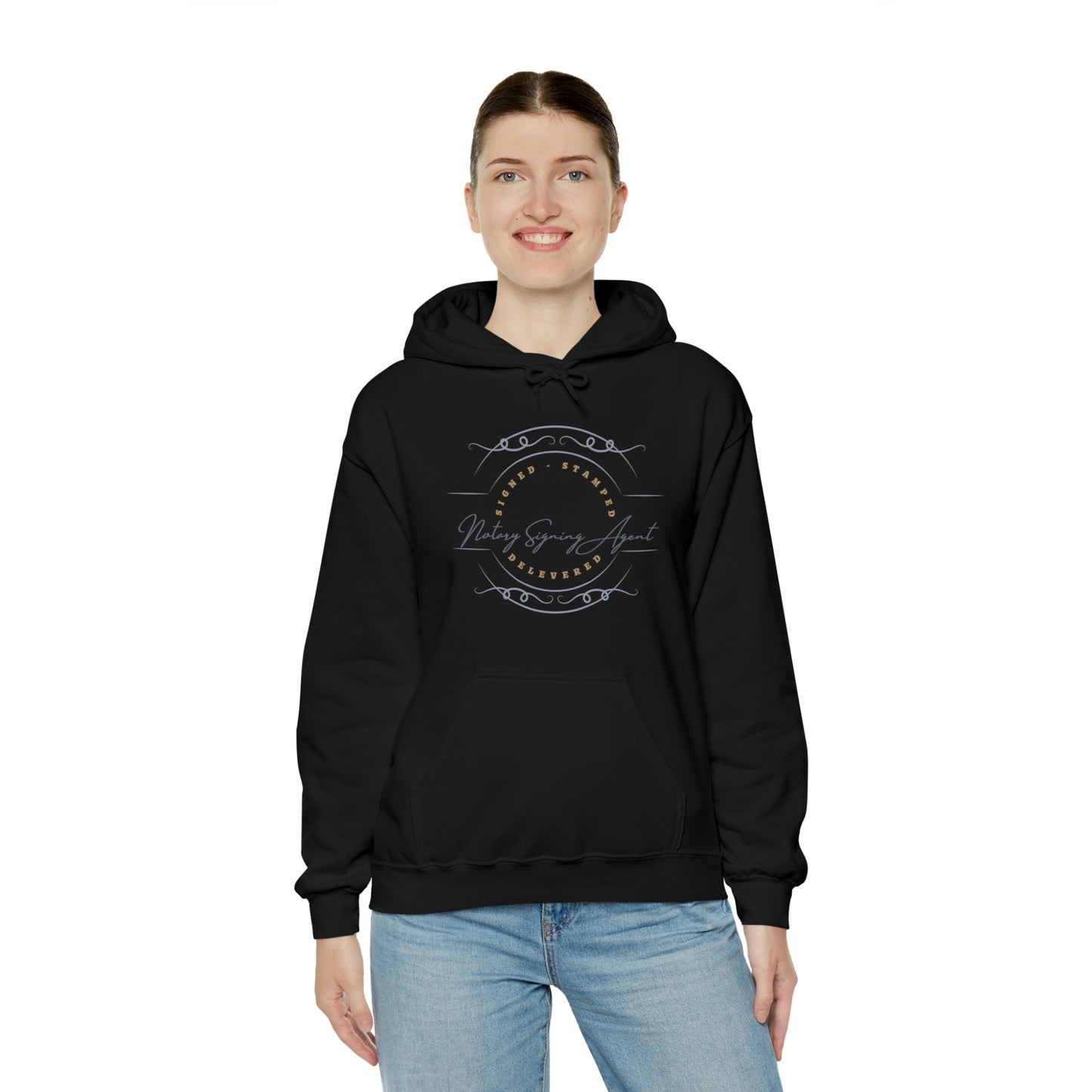 Custom "Signed, Stamped, Delivered Notary Signing Agent" Graphic Unisex Heavy Blend Hooded Sweatshirt