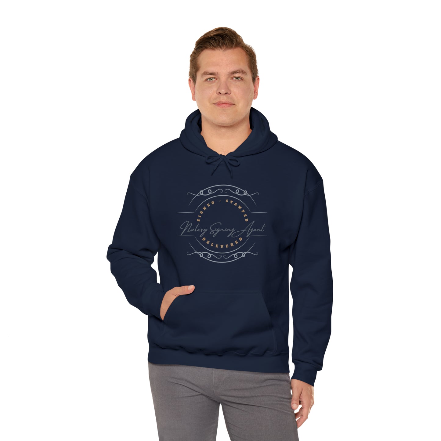 Custom "Signed, Stamped, Delivered Notary Signing Agent" Graphic Unisex Heavy Blend Hooded Sweatshirt