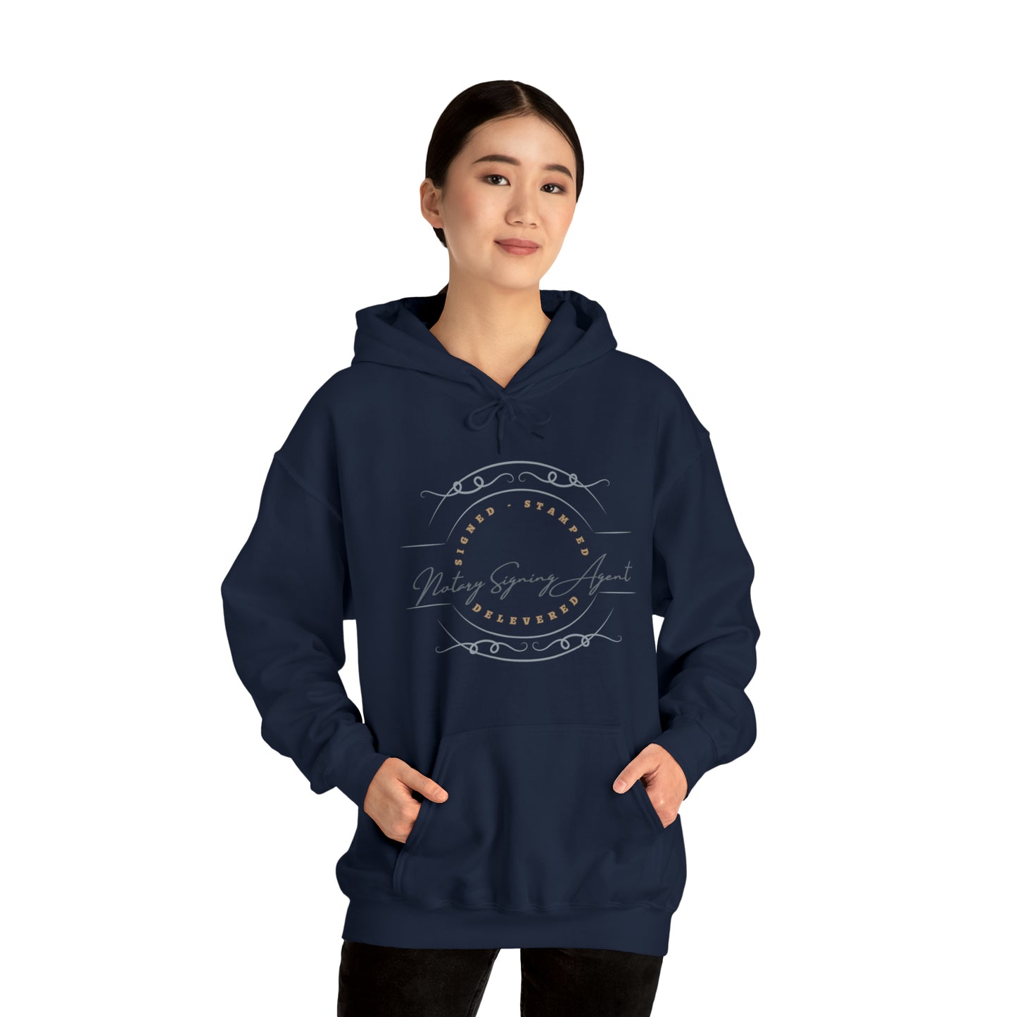 Custom "Signed, Stamped, Delivered Notary Signing Agent" Graphic Unisex Heavy Blend Hooded Sweatshirt