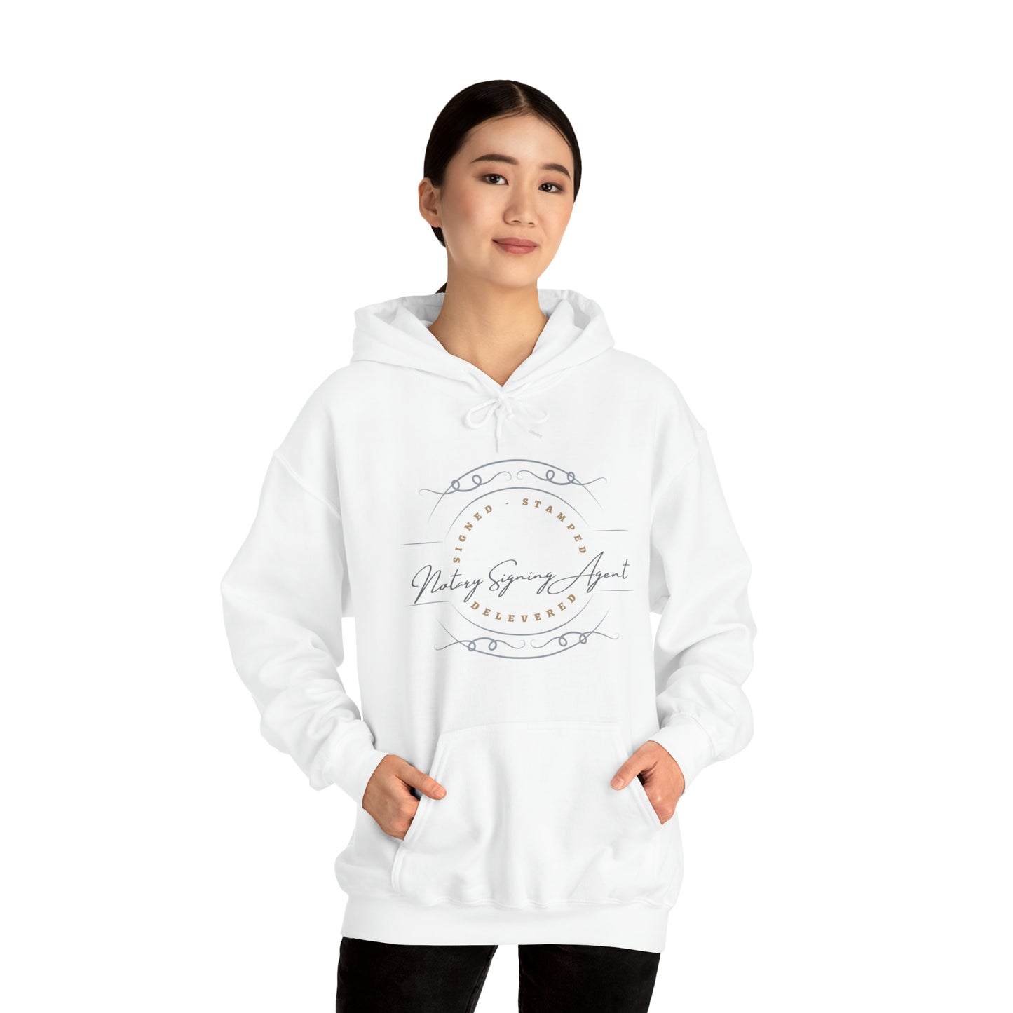 Custom "Signed, Stamped, Delivered Notary Signing Agent" Graphic Unisex Heavy Blend Hooded Sweatshirt