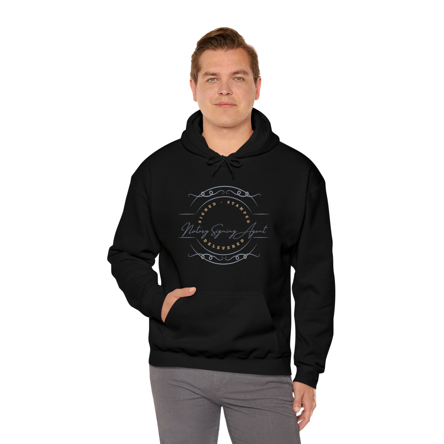 Custom "Signed, Stamped, Delivered Notary Signing Agent" Graphic Unisex Heavy Blend Hooded Sweatshirt